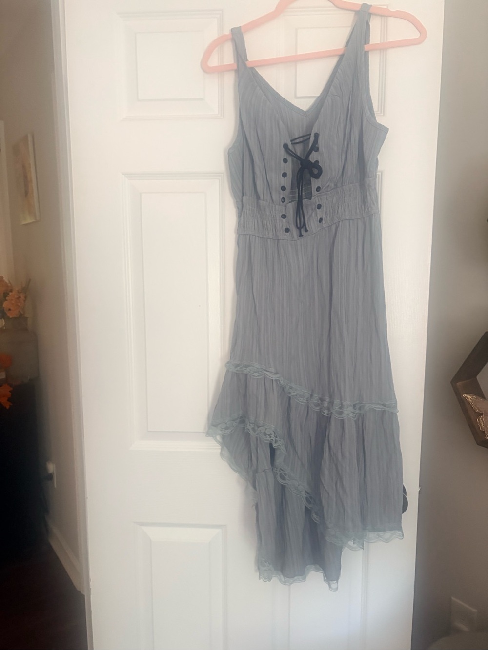 Sleeveless Blue Asymmetrical Tiered Dress with Lace-Up Bodice
